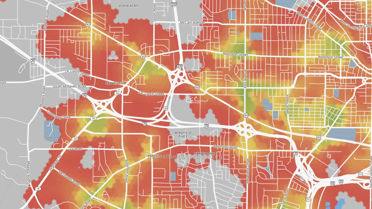 Walk Grade map of West Central Jackson, Jackson, MS, walkable areas in green and car-dependent areas in red