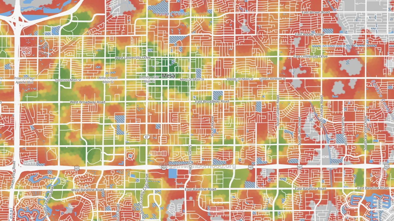 Walk Grade map of West Central, Mesa, AZ, walkable areas in green and car-dependent areas in red