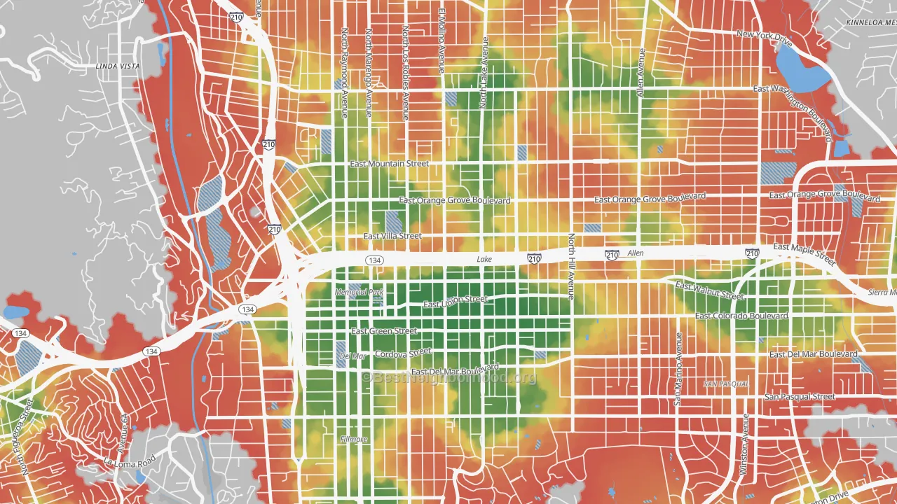 Walk Grade map of West Central, Pasadena, CA, walkable areas in green and car-dependent areas in red