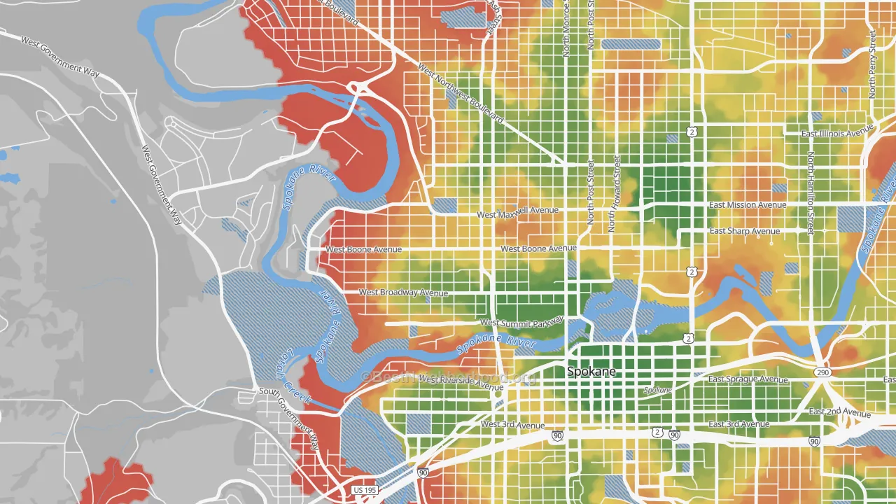 Walk Grade map of West Central, Spokane, WA, walkable areas in green and car-dependent areas in red