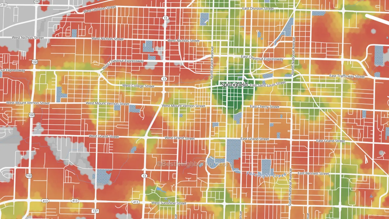 Walk Grade map of West Central, Springfield, MO, walkable areas in green and car-dependent areas in red