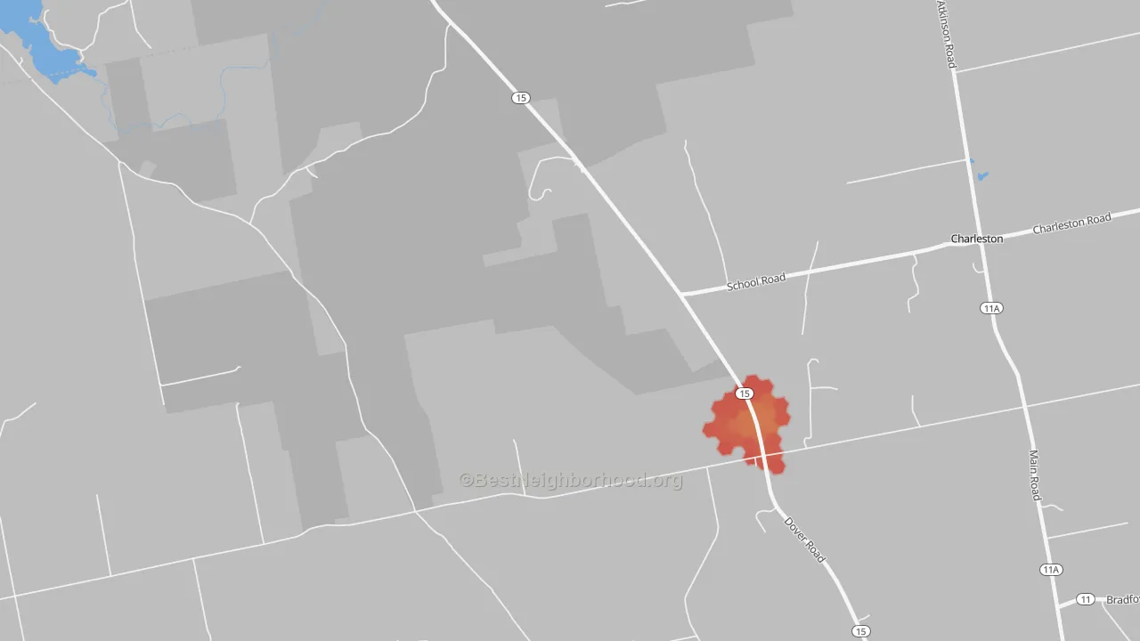 Walk Grade map of West Charleston, ME, walkable areas in green and car-dependent areas in red