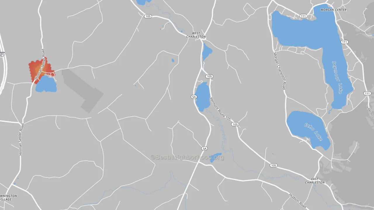 Walk Grade map of West Charleston, VT, walkable areas in green and car-dependent areas in red