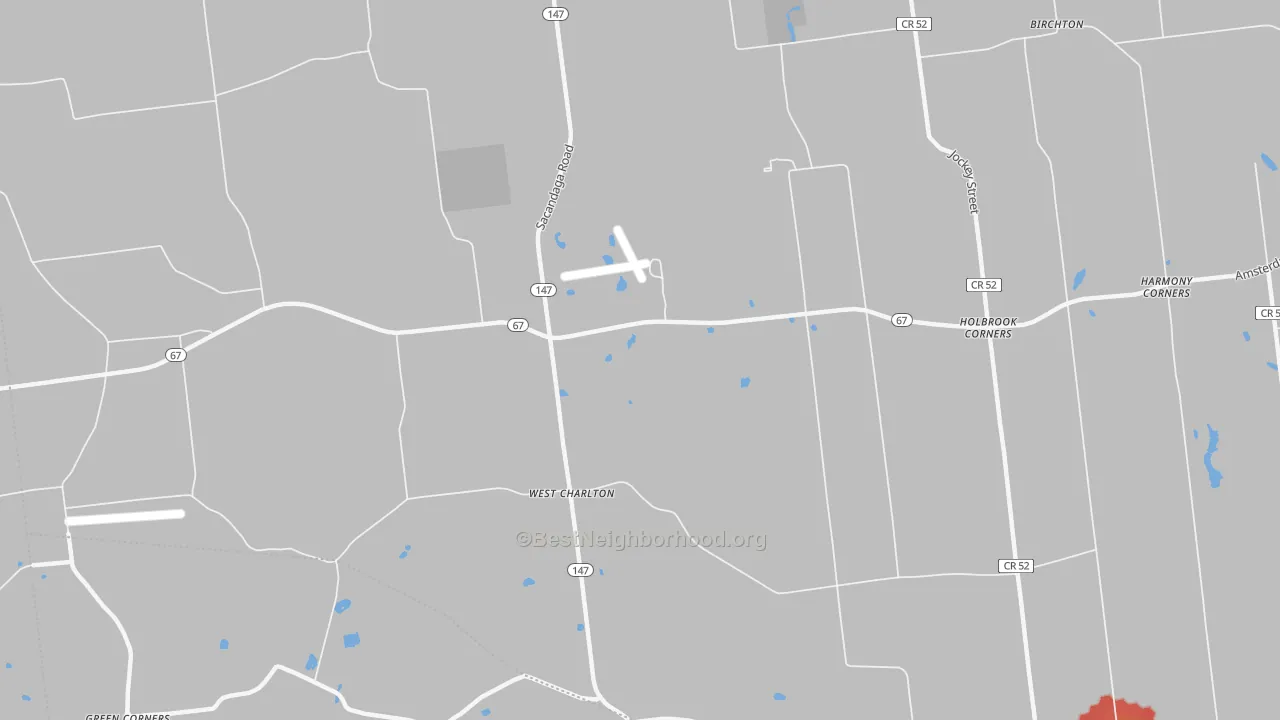 Walk Grade map of West Charlton, NY, walkable areas in green and car-dependent areas in red