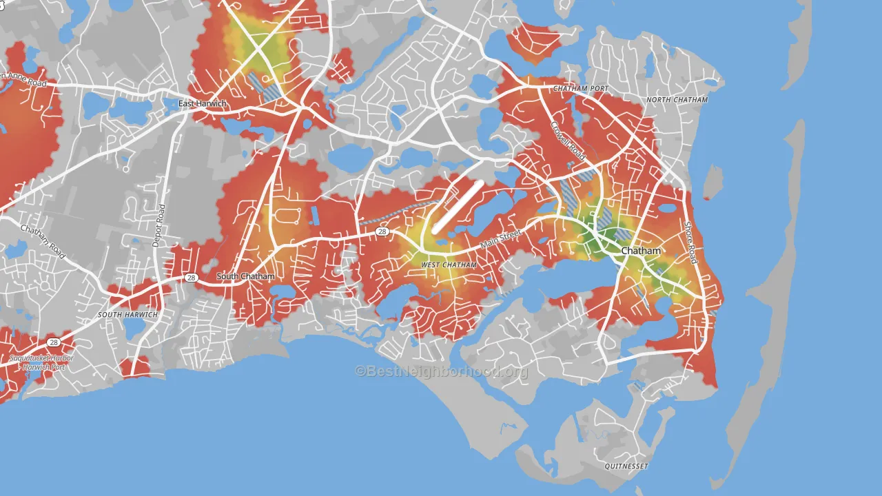 Walk Grade map of West Chatham, MA, walkable areas in green and car-dependent areas in red