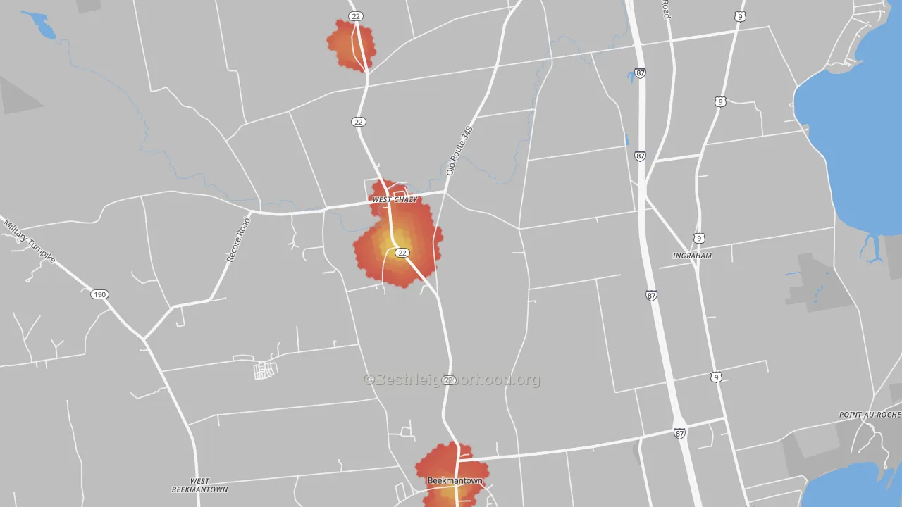 Walk Grade map of West Chazy, NY, walkable areas in green and car-dependent areas in red