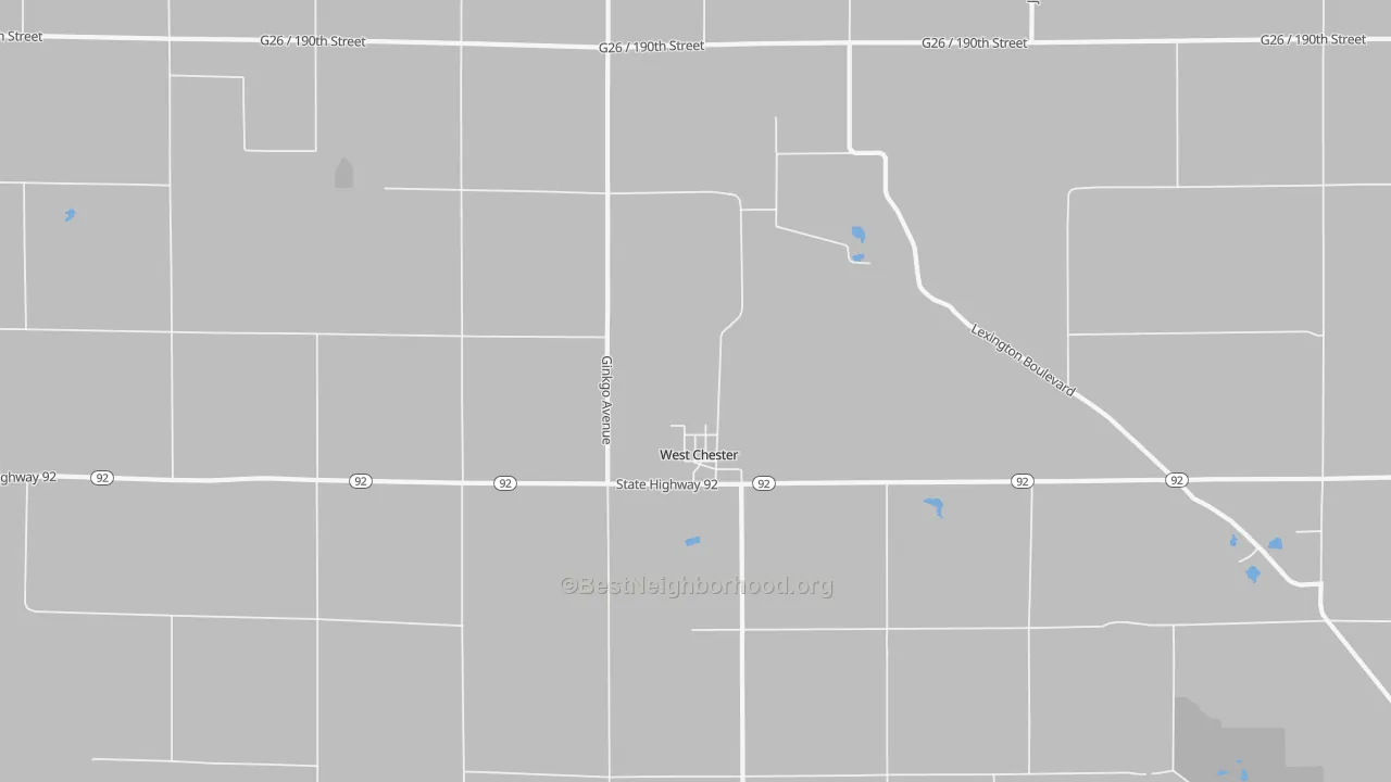 Walk Grade map of West Chester, IA, walkable areas in green and car-dependent areas in red