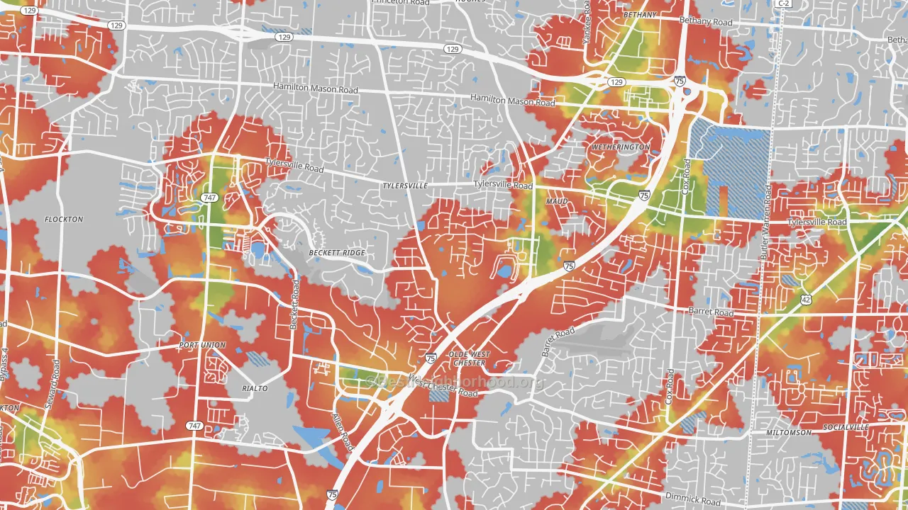 Walk Grade map of West Chester, OH, walkable areas in green and car-dependent areas in red