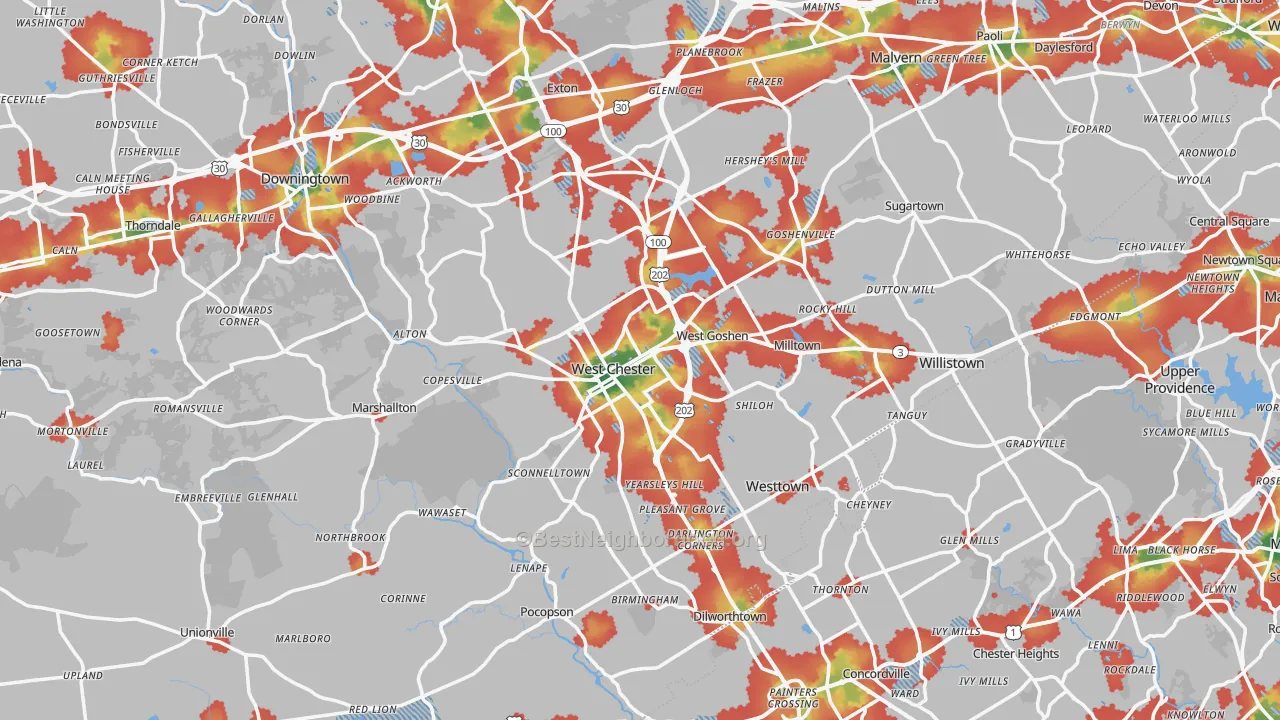 Walk Grade map of West Chester, PA, walkable areas in green and car-dependent areas in red