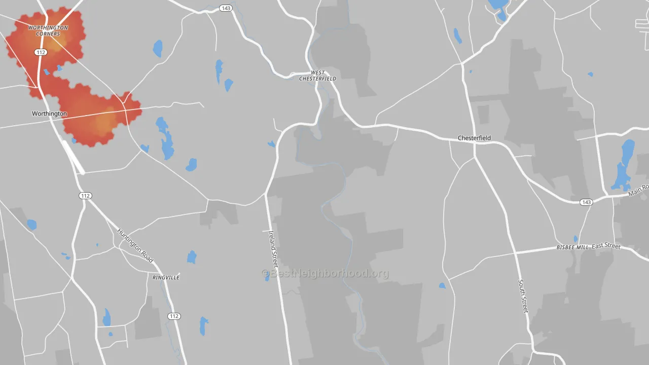 Walk Grade map of West Chesterfield, MA, walkable areas in green and car-dependent areas in red