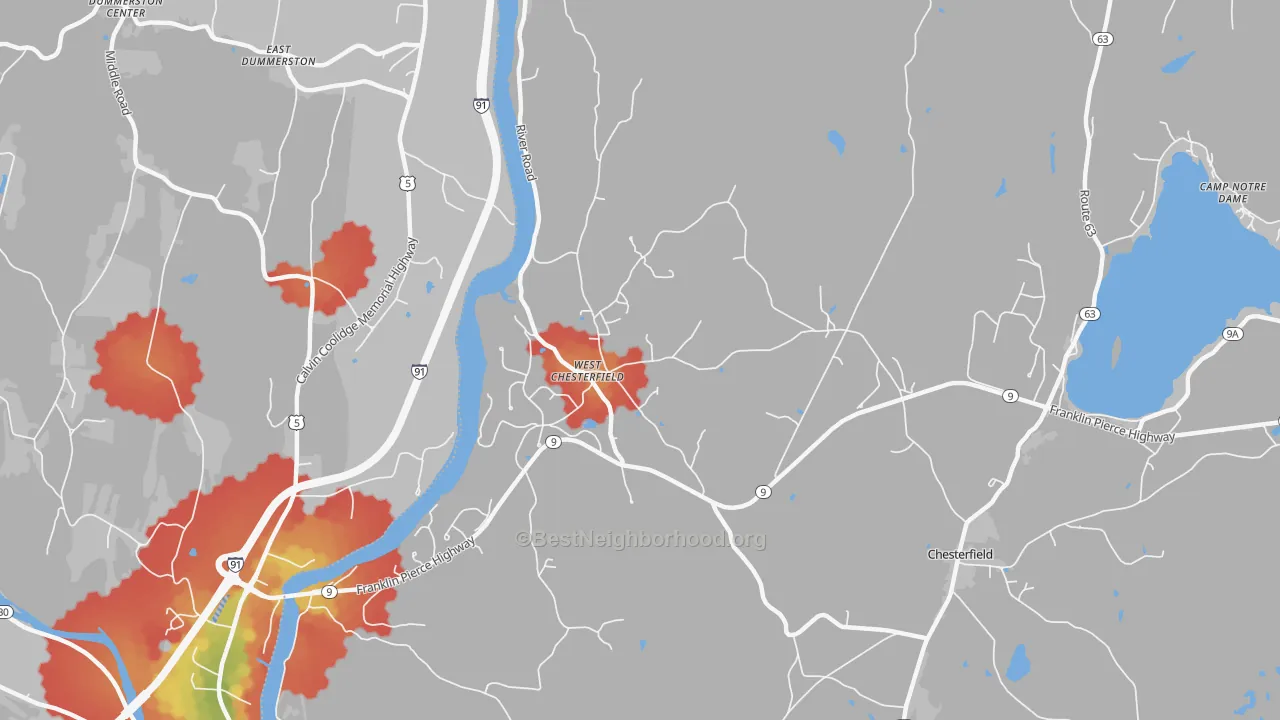 Walk Grade map of West Chesterfield, NH, walkable areas in green and car-dependent areas in red