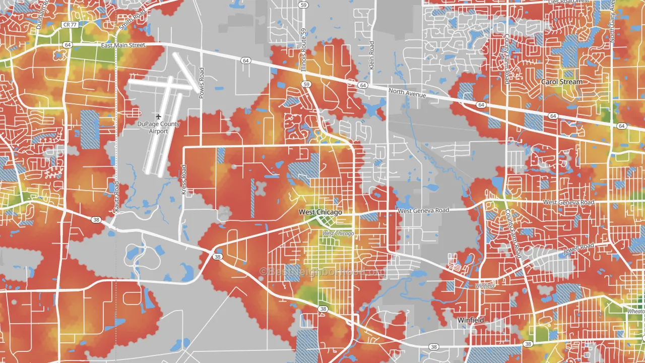 Walk Grade map of West Chicago, IL, walkable areas in green and car-dependent areas in red