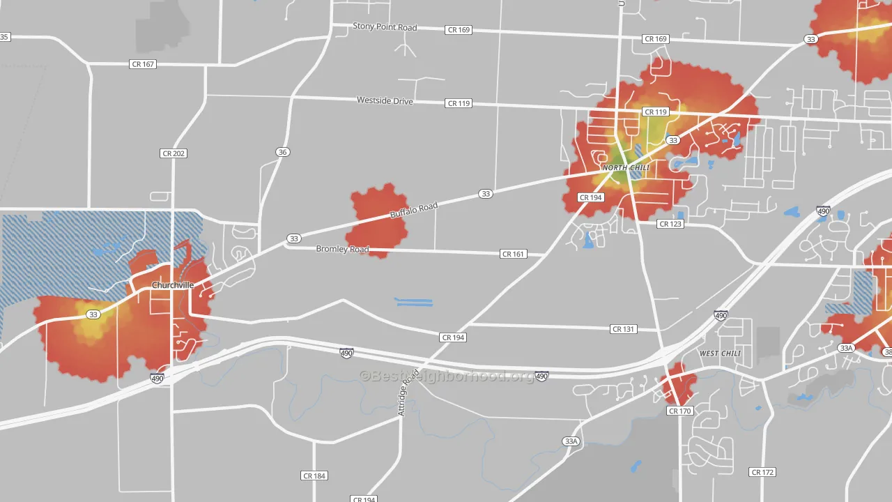 Walk Grade map of West Chili, NY, walkable areas in green and car-dependent areas in red