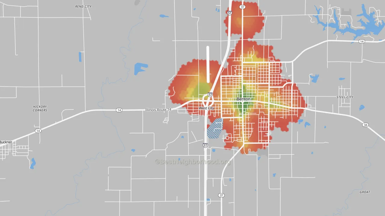 Walk Grade map of West City, IL, walkable areas in green and car-dependent areas in red