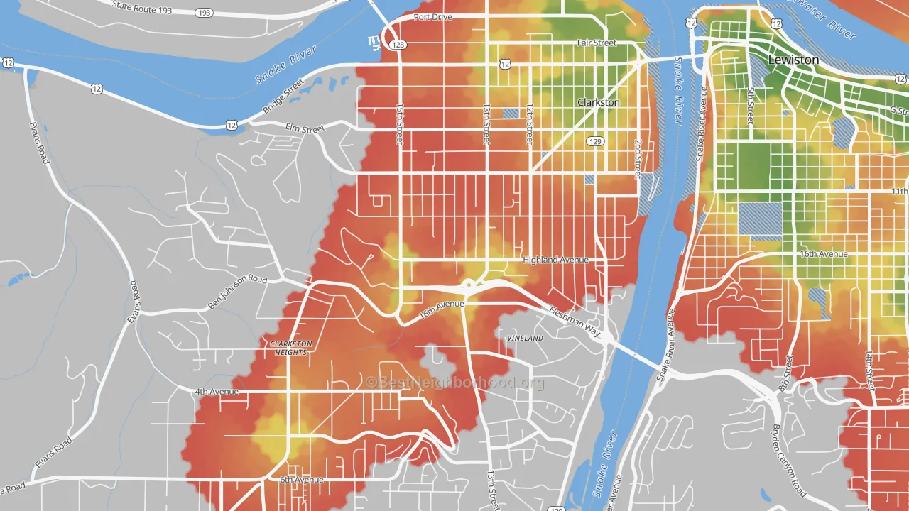 Walk Grade map of West Clarkston-Highland, WA, walkable areas in green and car-dependent areas in red