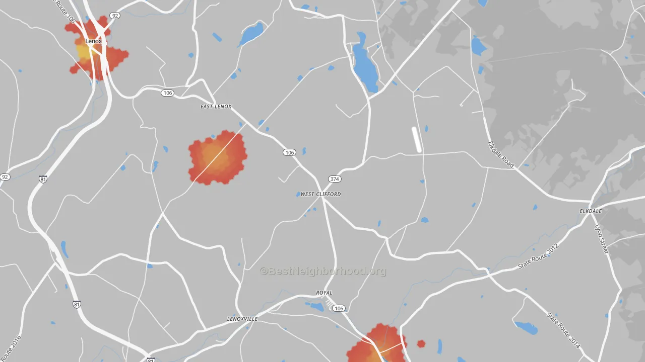 Walk Grade map of West Clifford, PA, walkable areas in green and car-dependent areas in red