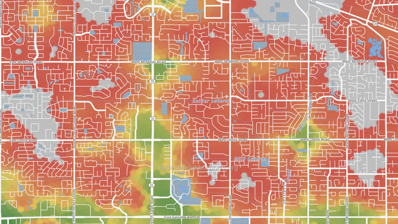 Walk Grade map of West Cloverdale, Boise, ID, walkable areas in green and car-dependent areas in red