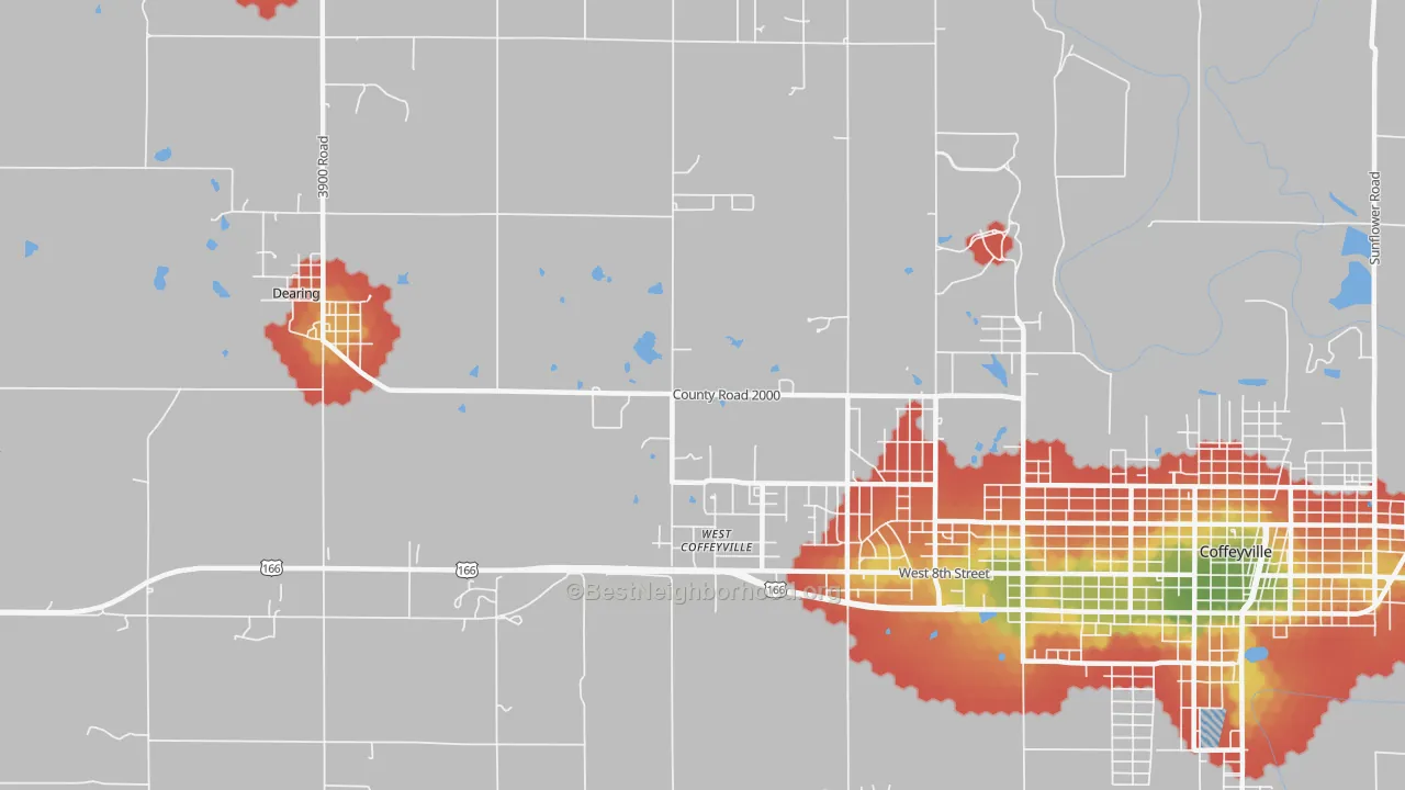 Walk Grade map of West Coffeyville, KS, walkable areas in green and car-dependent areas in red