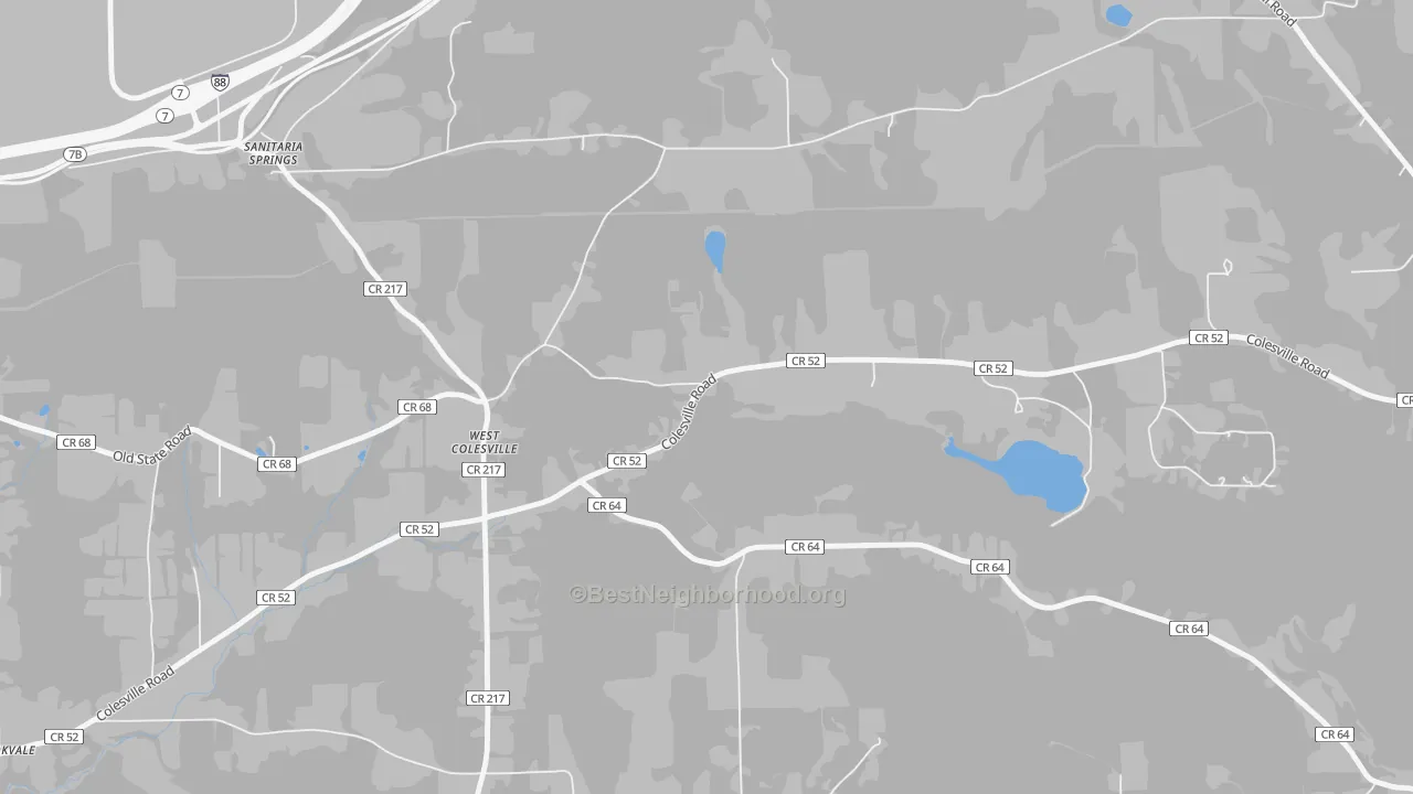 Walk Grade map of West Colesville, NY, walkable areas in green and car-dependent areas in red