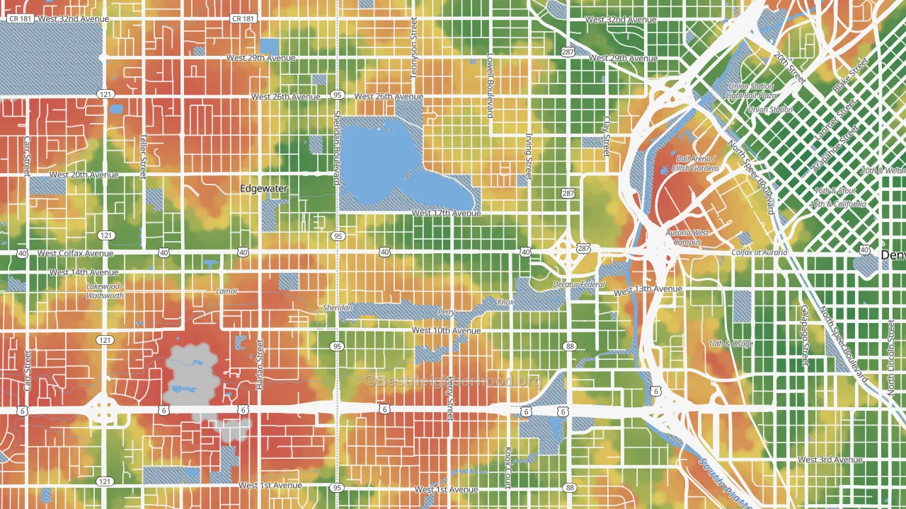 Walk Grade map of West Colfax, Denver, CO, walkable areas in green and car-dependent areas in red
