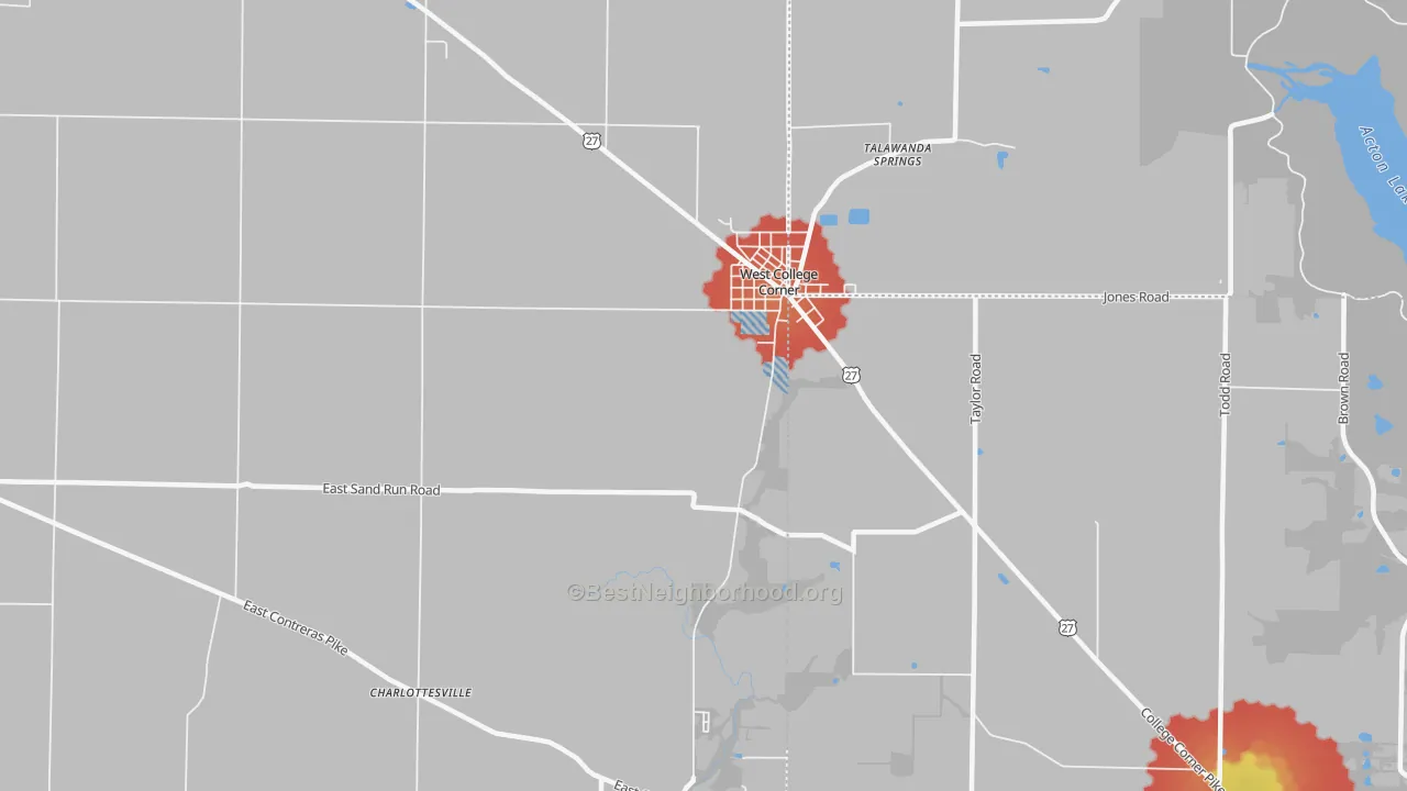 Walk Grade map of West College Corner, IN, walkable areas in green and car-dependent areas in red