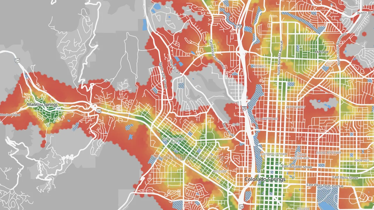 Walk Grade map of West Colorado Springs, Colorado Springs, CO, walkable areas in green and car-dependent areas in red