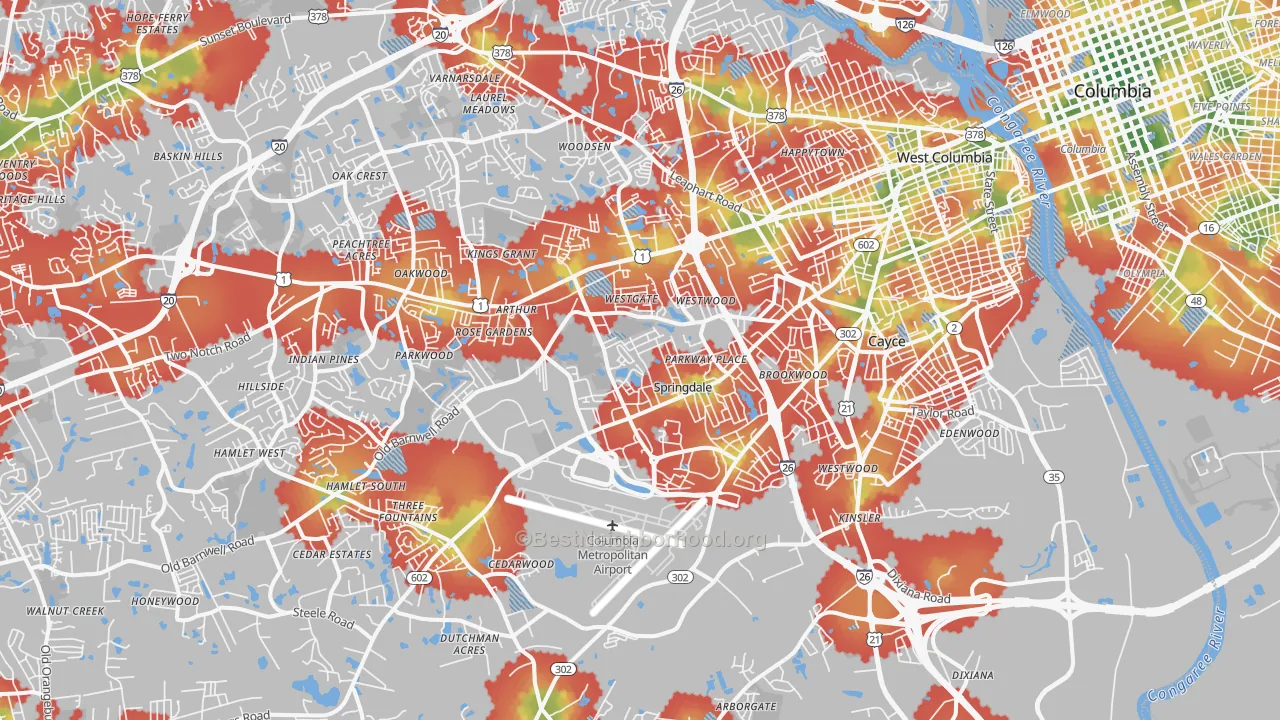 Walk Grade map of West Columbia, SC, walkable areas in green and car-dependent areas in red