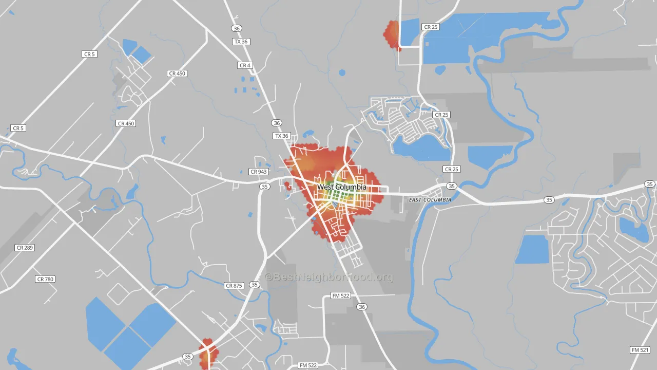 Walk Grade map of West Columbia, TX, walkable areas in green and car-dependent areas in red
