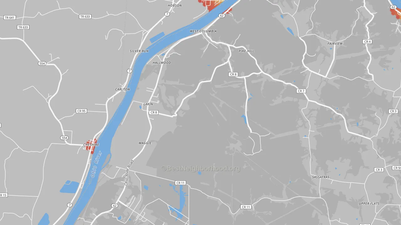 Walk Grade map of West Columbia, WV, walkable areas in green and car-dependent areas in red