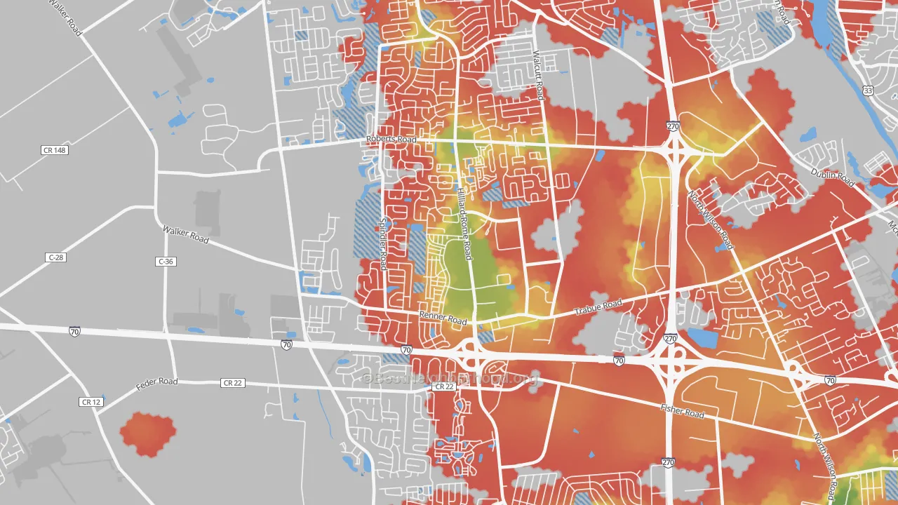 Walk Grade map of West Columbus Interim, Hilliard, OH, walkable areas in green and car-dependent areas in red