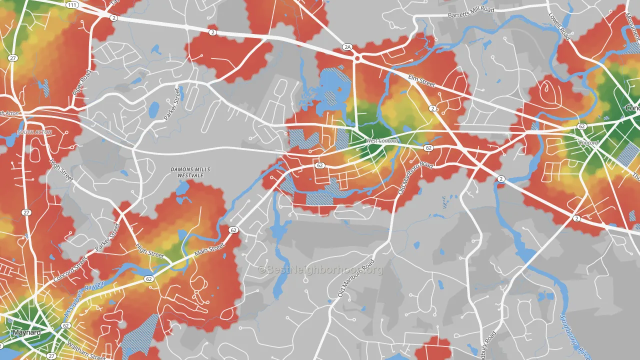Walk Grade map of West Concord, MA, walkable areas in green and car-dependent areas in red