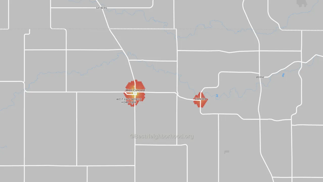 Walk Grade map of West Concord, MN, walkable areas in green and car-dependent areas in red
