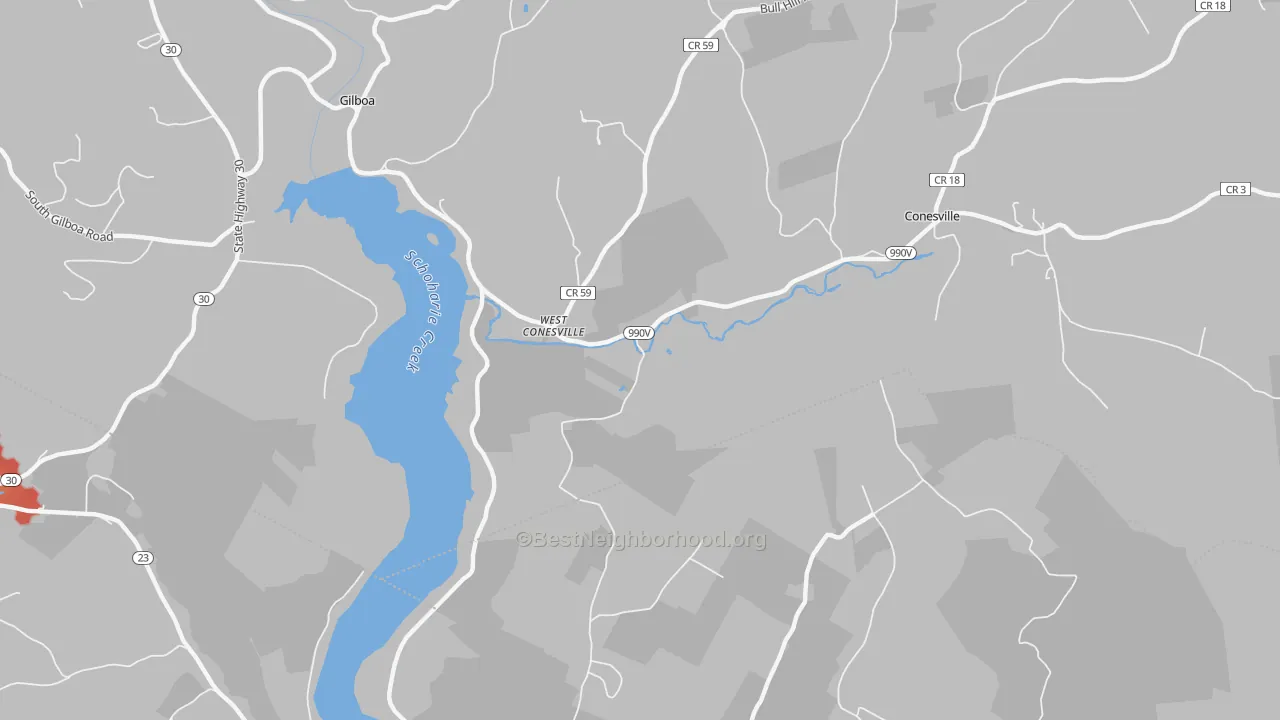 Walk Grade map of West Conesville, NY, walkable areas in green and car-dependent areas in red