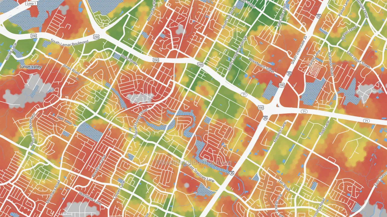 Walk Grade map of West Congress, Austin, TX, walkable areas in green and car-dependent areas in red