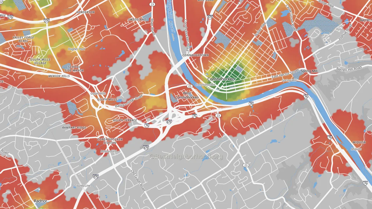 Walk Grade map of West Conshohocken, PA, walkable areas in green and car-dependent areas in red