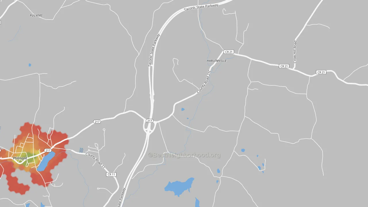 Walk Grade map of West Copake, NY, walkable areas in green and car-dependent areas in red