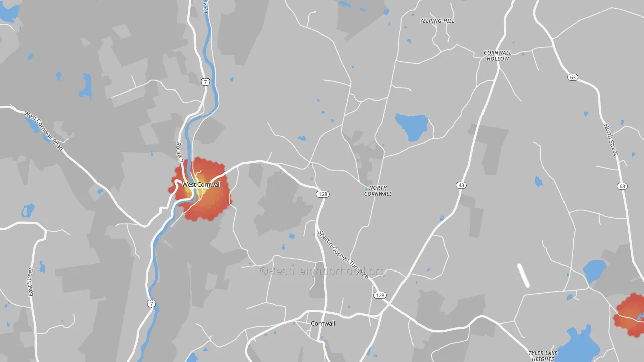 Walk Grade map of West Cornwall, CT, walkable areas in green and car-dependent areas in red