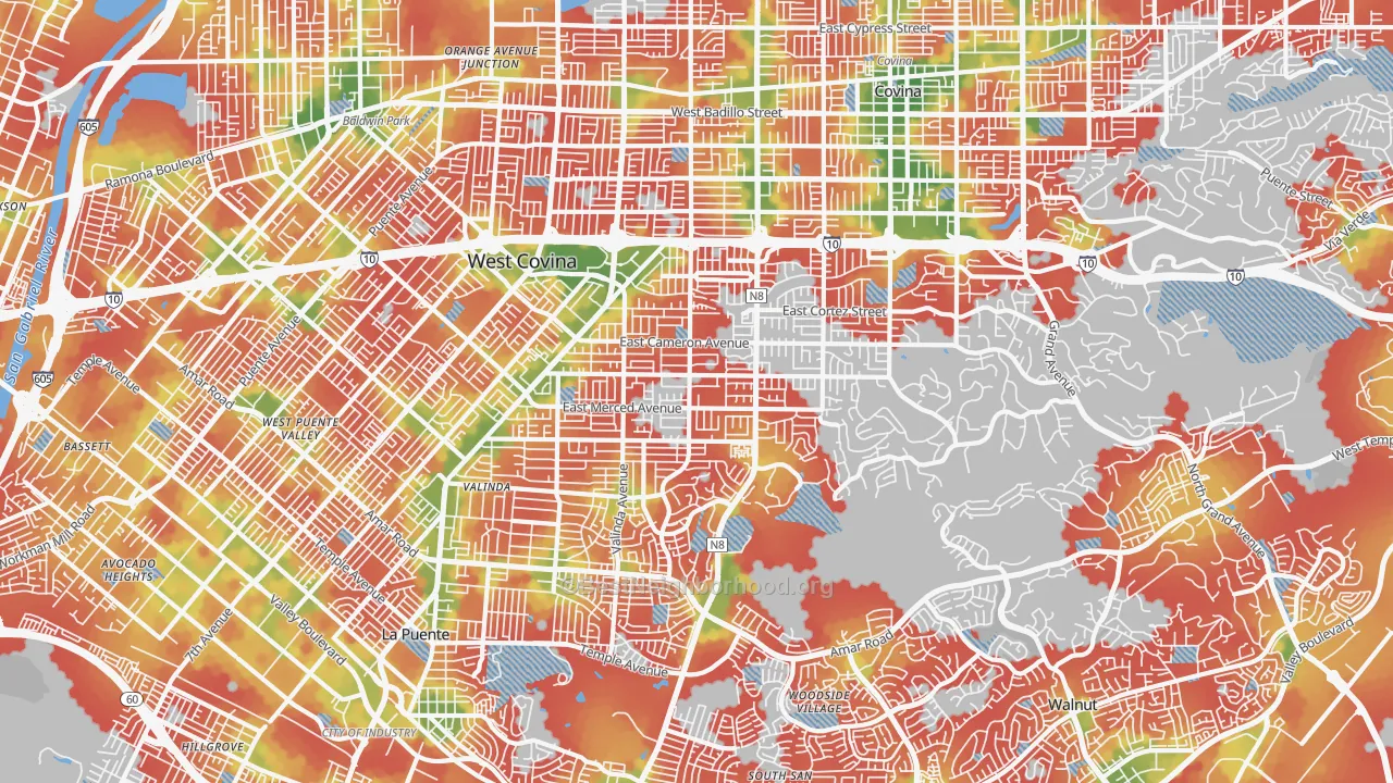Walk Grade map of West Covina, CA, walkable areas in green and car-dependent areas in red
