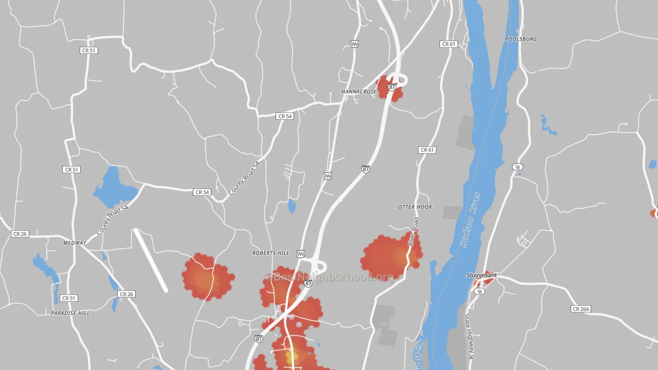 Walk Grade map of West Coxsackie, NY, walkable areas in green and car-dependent areas in red