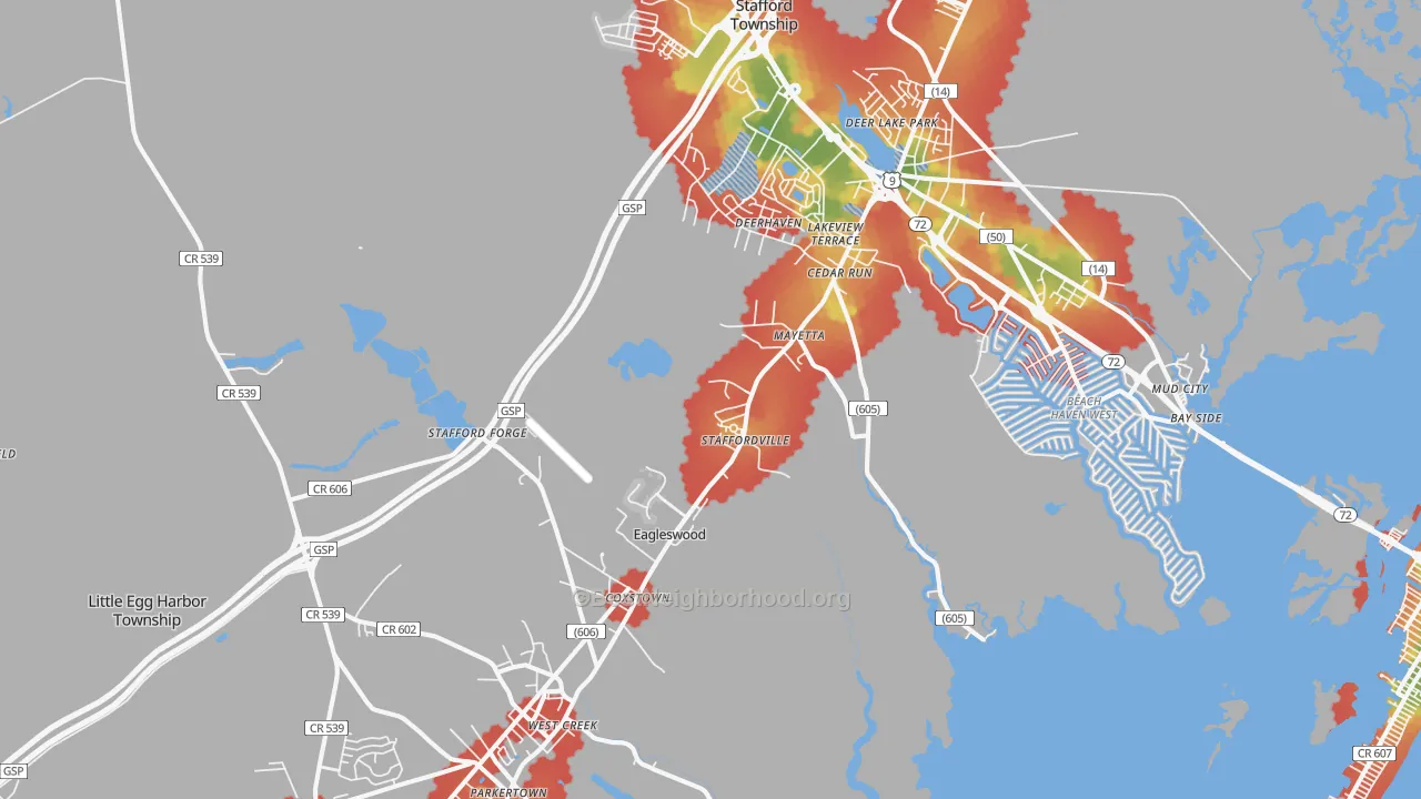 Walk Grade map of West Creek, NJ, walkable areas in green and car-dependent areas in red