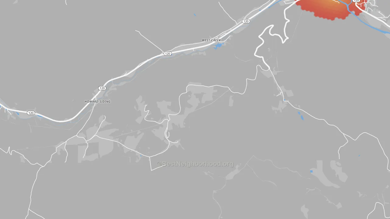 Walk Grade map of West Creek, PA, walkable areas in green and car-dependent areas in red