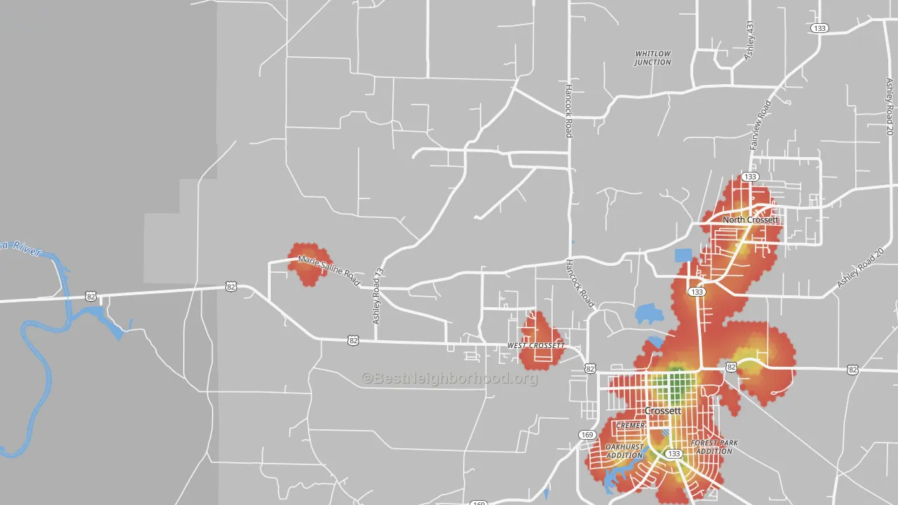 Walk Grade map of West Crossett, AR, walkable areas in green and car-dependent areas in red
