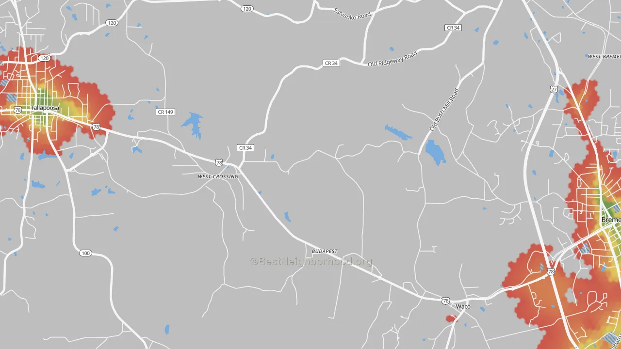 Walk Grade map of West Crossing, GA, walkable areas in green and car-dependent areas in red