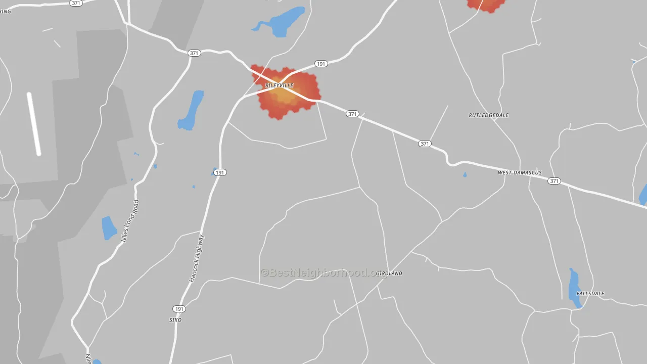 Walk Grade map of West Damascus, PA, walkable areas in green and car-dependent areas in red