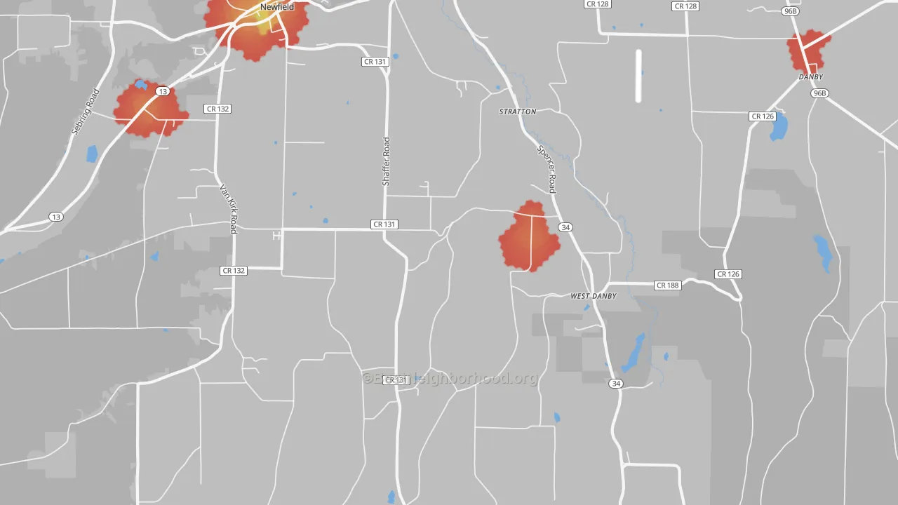 Walk Grade map of West Danby, NY, walkable areas in green and car-dependent areas in red