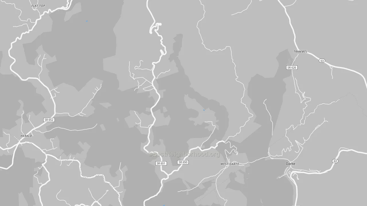 Walk Grade map of West Dante, VA, walkable areas in green and car-dependent areas in red