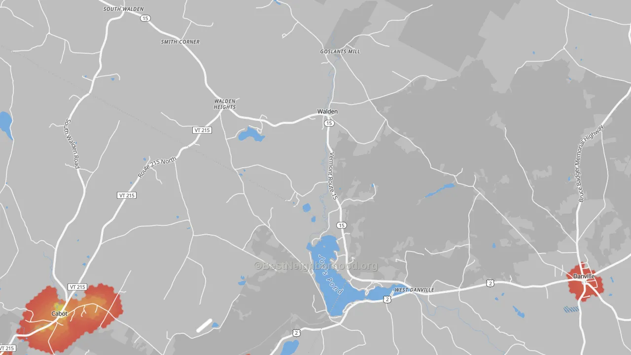 Walk Grade map of West Danville, VT, walkable areas in green and car-dependent areas in red
