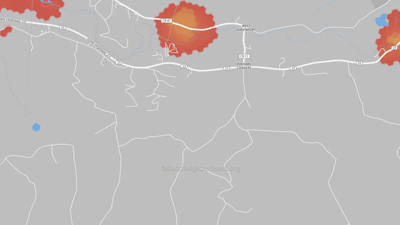 Walk Grade map of West Davenport, NY, walkable areas in green and car-dependent areas in red