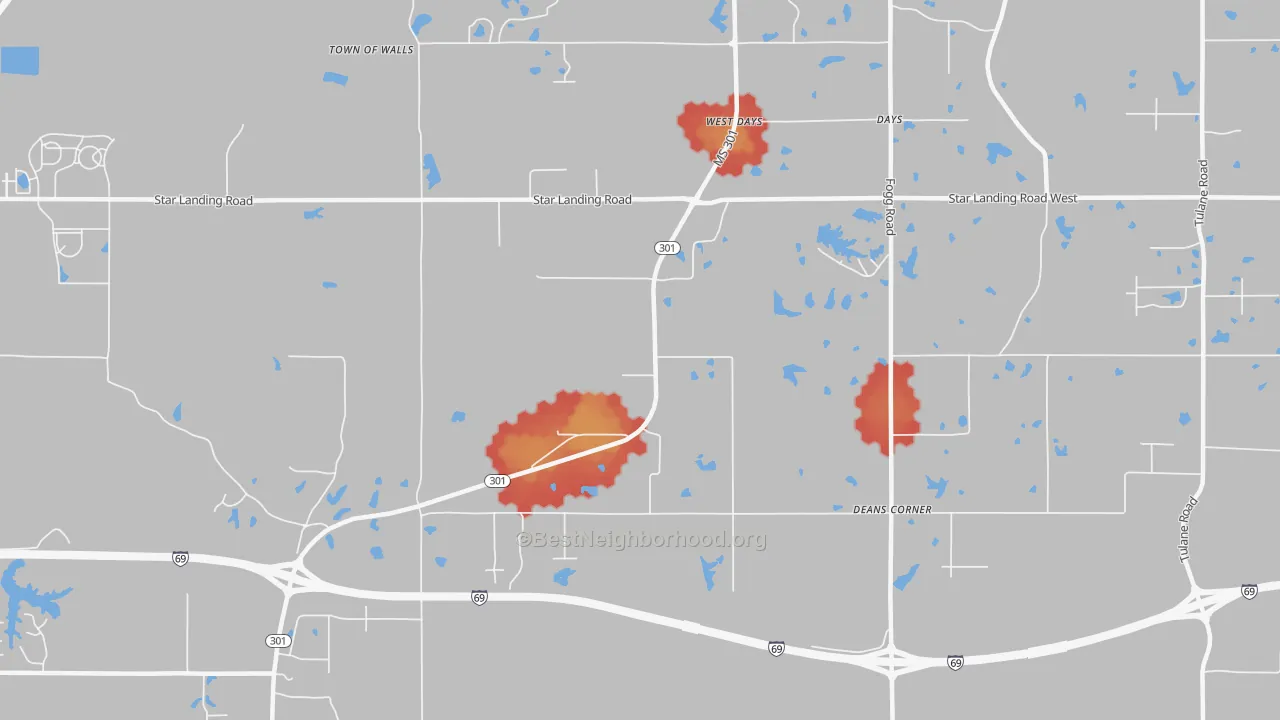 Walk Grade map of West Days, MS, walkable areas in green and car-dependent areas in red