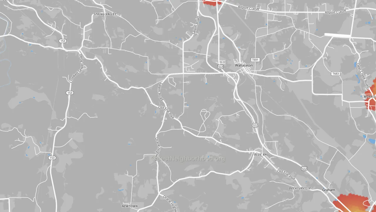 Walk Grade map of West Decatur, PA, walkable areas in green and car-dependent areas in red